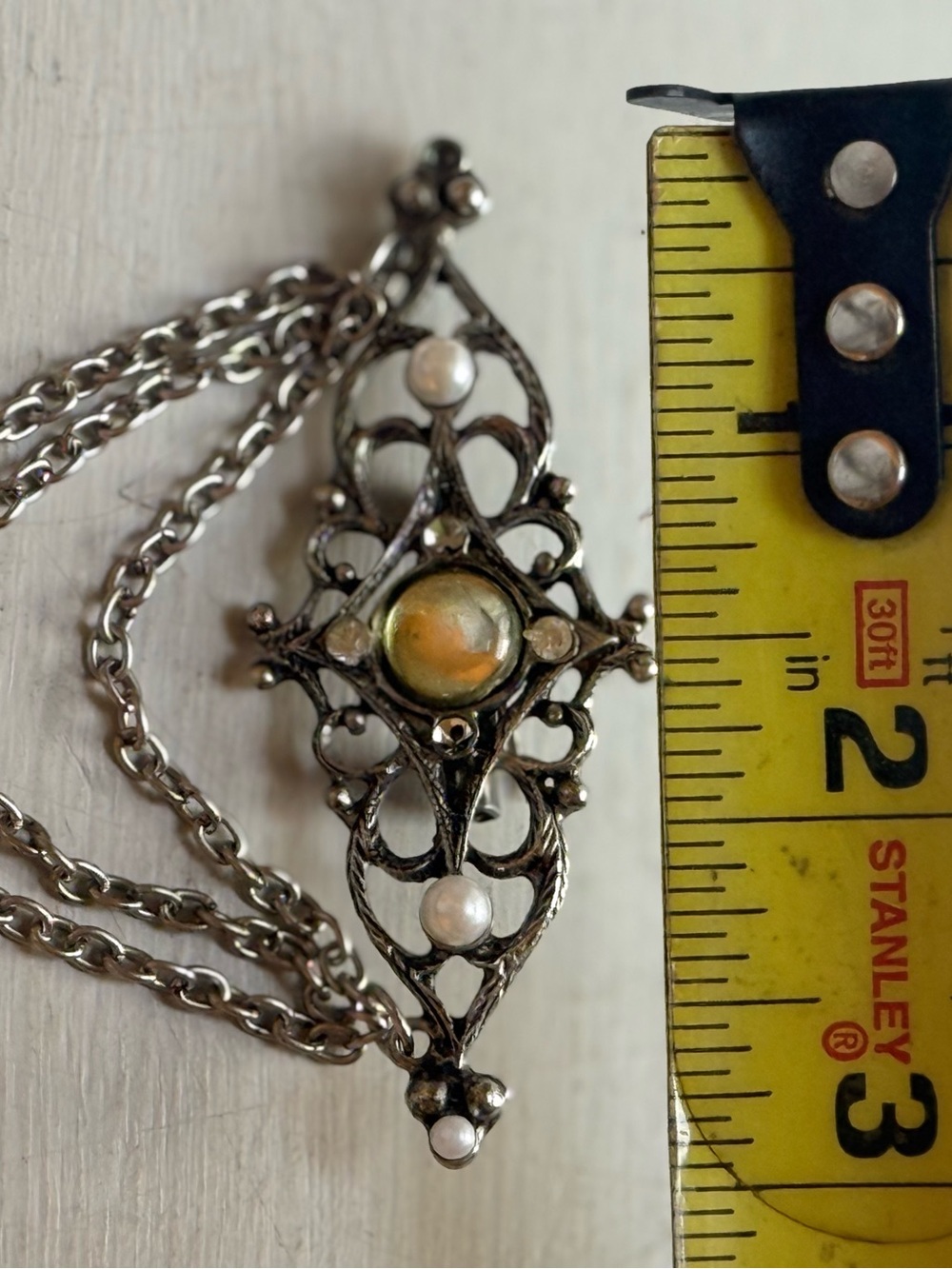 Vtg 1980s Victorian Revival Silver Filigree Brooch Pin Triple Swag Dangle Chain - Picture 8 of 10